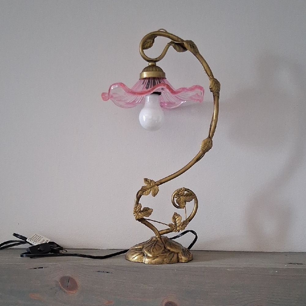 Dolls Kill Pink Glass Floral Table Lantern with Gold Metal Vine Base